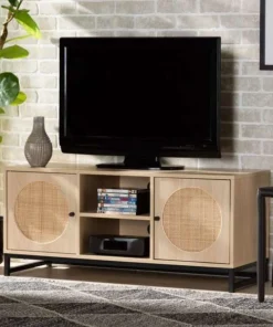 Baxton Studio Ardon Bohemian Light Brown Finished Wood and Black Metal 2-Door TV Stand with Natural Rattan