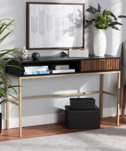 Baxton Studio Uriel Transitional Two-Tone Wood and Brushed Gold Metal 1-Drawer Console Table-Natural Brown/Black