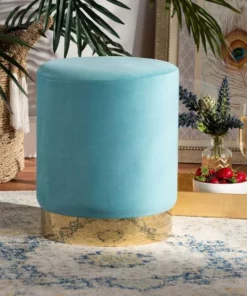 Baxton Studio Chaela Contemporary Glam and Luxe Sky Blue Velvet Upholstered and Gold Finished Metal Ottoman