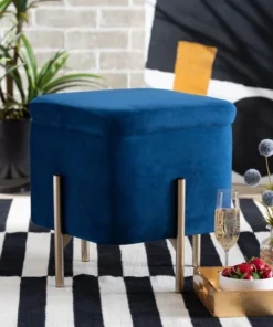 Baxton Studio Aleron Glam and Luxe Navy Blue Velvet Upholstered and Gold Finished Metal Storage Ottoman