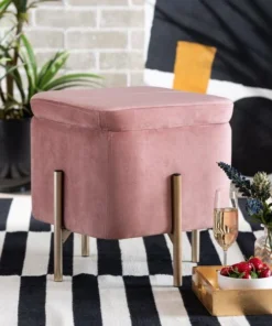 Baxton Studio Aleron Contemporary Glam and Luxe Pink Velvet Upholstered and Gold Finished Metal Storage Ottoman