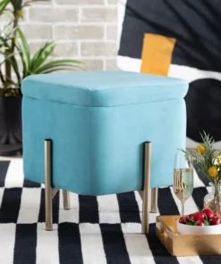 Baxton Studio Aleron Glam and Luxe Sky Blue Velvet Upholstered and Gold Finished Metal Storage Ottoman