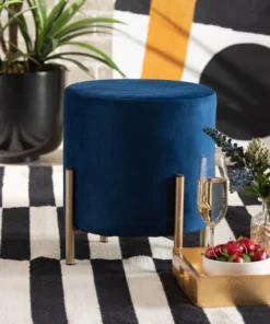 Baxton Studio Thurman Contemporary Glam and Luxe Navy Blue Velvet Upholstered and Gold Finished Metal Ottoman