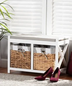Baxton Studio Abarne ModernGrey and White Fabric Upholstered and White Finished Wood Storage Bench with Baskets
