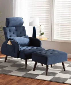 Baxton Studio Haldis Modern Navy Blue Velvet Upholstered and Walnut Brown Finished Wood 2-Piece Lounge Set