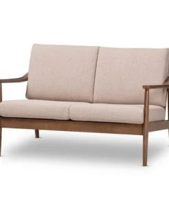 Baxton Studio Venza Walnut Wood Light Brown Upholstered 2-Seater Loveseat