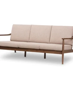 Baxton Studio Venza Walnut Wood Light Brown Upholstered 3-Seater Sofa