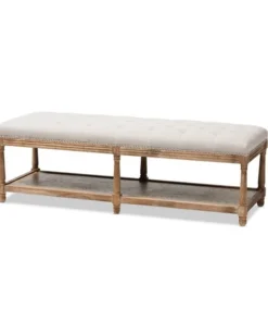 Baxton Studio Celeste Oak Beige Linen Upholstered Ottoman Bench