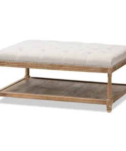 Baxton Studio Carlotta Oak Beige Linen Rectangular Coffee Table Ottoman