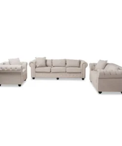 Baxton Studio Alaise Beige Tufted Scroll Arm Chesterfield 3-Piece Living Room Set