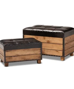 Baxton Studio Marelli Dark Brown Upholstered 2-Piece Wood Storage Trunk Ottoman Set