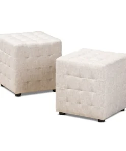 Baxton Studio Elladio Beige Upholstered Tufted Cube Ottoman, PK2