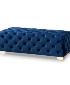Baxton Studio Avara Blue Velvet Upholstered Gold Finished Tufted Bench Ottoman