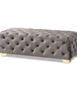Baxton Studio Avara Gray Velvet Upholstered Gold Finished Tufted Bench Ottoman