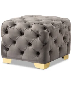 Baxton Studio Avara Gray Velvet Upholstered Gold Finished Button Tufted Ottoman