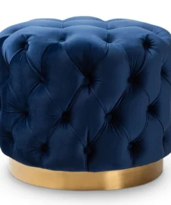 Baxton Studio Valeria Blue Velvet Upholstered Gold-Finished Button Tufted Ottoman