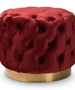 Baxton Studio Valeria Red Velvet Upholstered Gold-Finished Button Tufted Ottoman