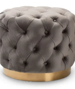 Baxton Studio Valeria Gray Velvet Upholstered Gold-Finished Button Tufted Ottoman