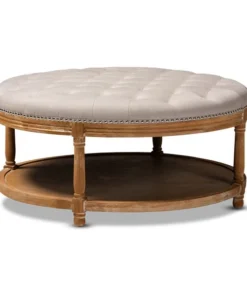 Baxton Studio Ambroise Beige and White Oak Tufted Cocktail Ottoman with Shelf