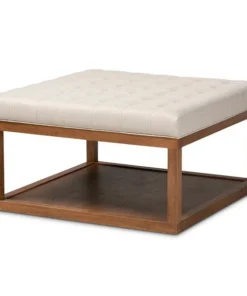 Baxton Studio Alvere Beige Upholstered Walnut Finished Cocktail Ottoman