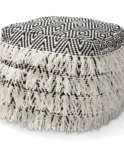 Baxton Studio Alain Black and Ivory Handwoven Wool Tassel Pouf Ottoman
