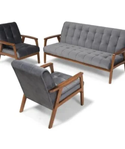 Baxton Studio Asta Grey Velvet Upholstered Walnut Finished Wood 3-PC Living Room Set