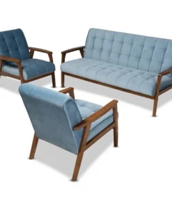 Baxton Studio Asta Light Blue Velvet Walnut Finished Wood 3-PC Living Room Set