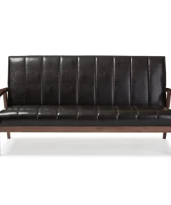 Baxton Studio Nikko Mid-century Dark Brown Faux Leather Wooden 3-Seater Sofa
