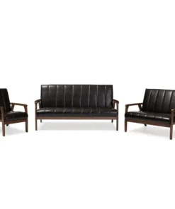 Baxton Studio Nikko Mid-century Dark Brown Faux Leather 3 Pieces Living Room Sets