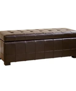Baxton Studio Dark Brown Full Leather Storage Bench Ottoman With Dimples